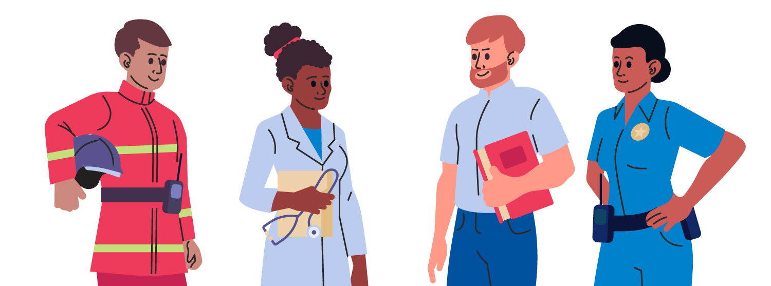 animated versions of a firefighter, a doctor a teacher and a police officer.